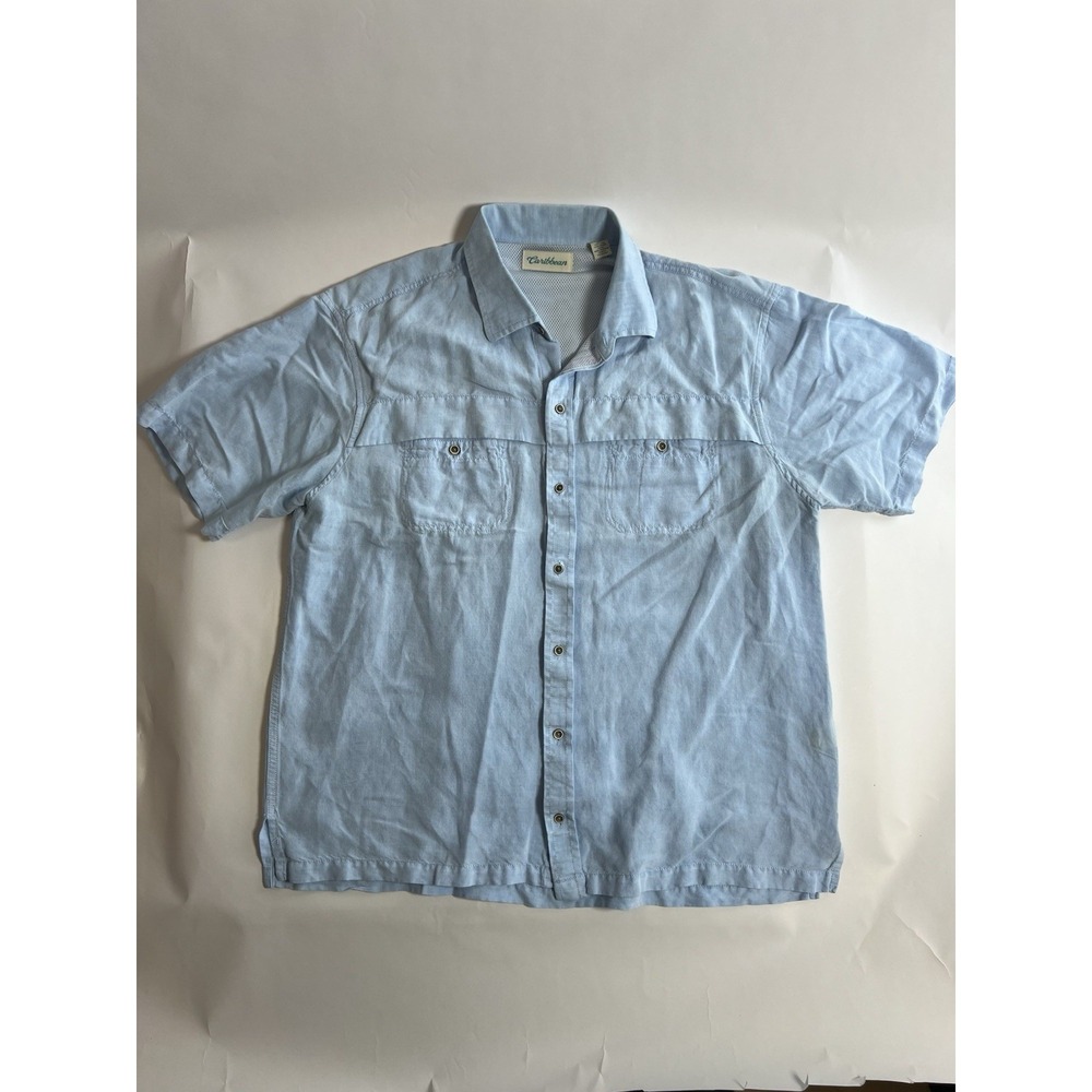 Caribbean Men's Blue Solid Woven Linen Rayon Button-Up Shirt SS Pockets L